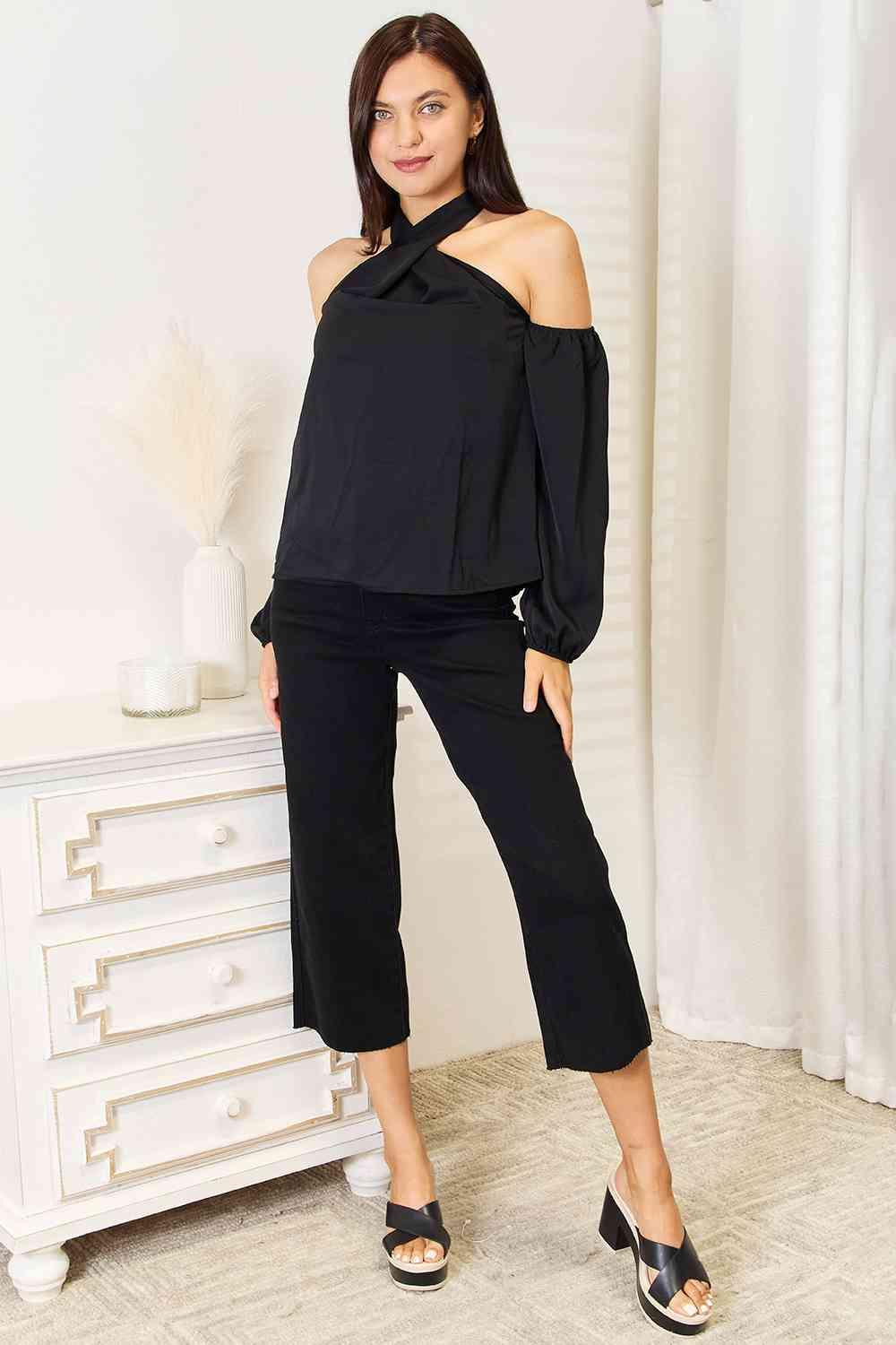 Double Take Grecian Cold Shoulder Long Sleeve Blouse - SwagglyLife Home & Fashion