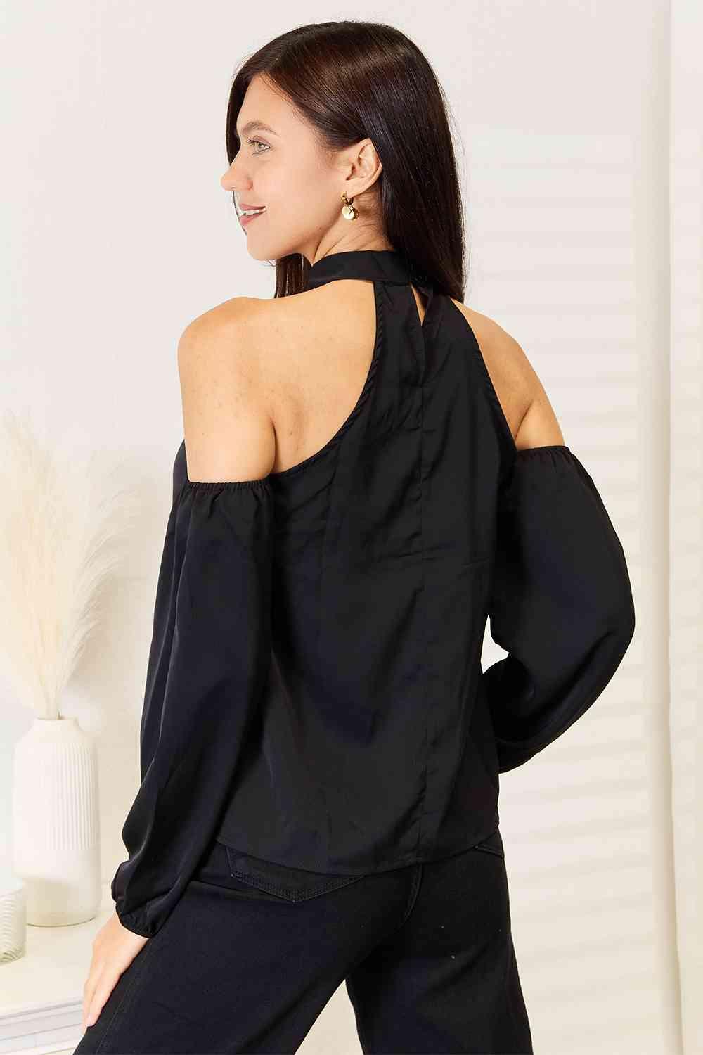 Double Take Grecian Cold Shoulder Long Sleeve Blouse - SwagglyLife Home & Fashion