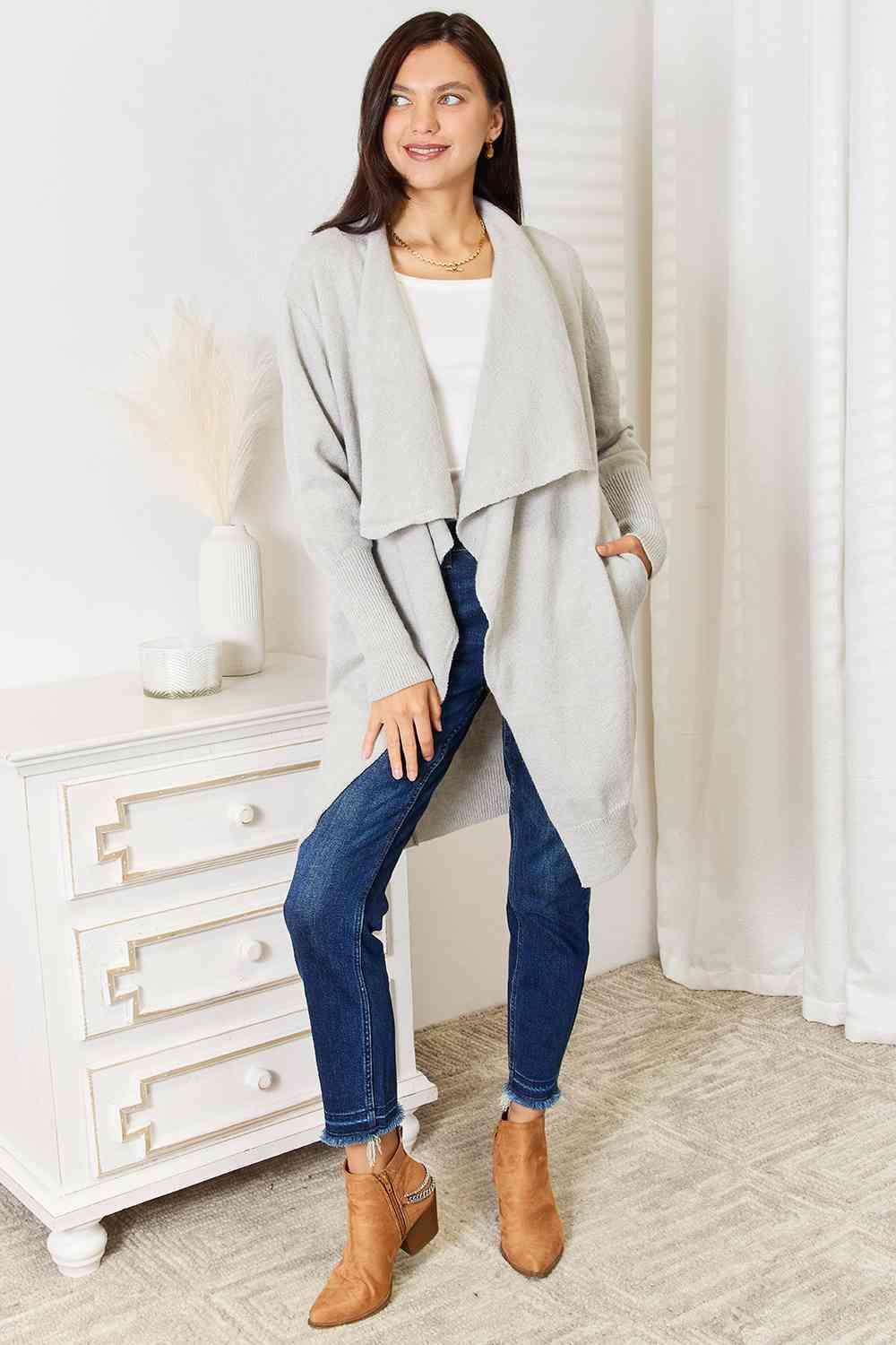 Double Take Open Front Duster Cardigan with Pockets - SwagglyLife Home & Fashion