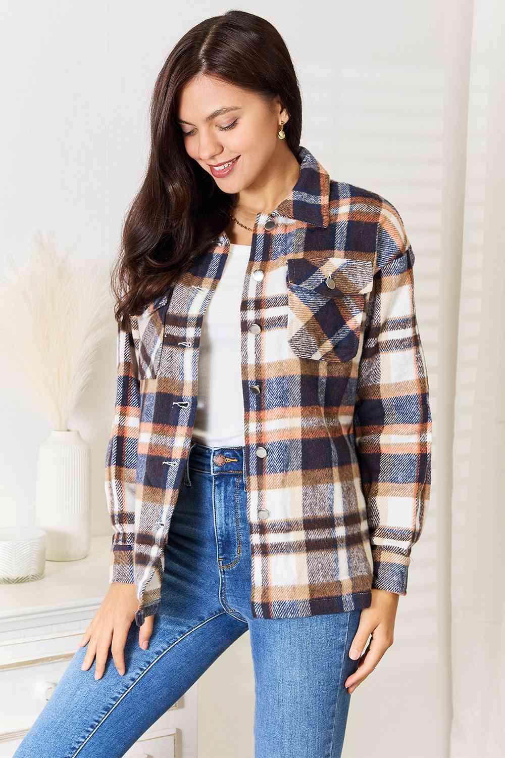 Double Take Plaid Button Front Shirt Jacket with Breast Pockets - SwagglyLife Home & Fashion