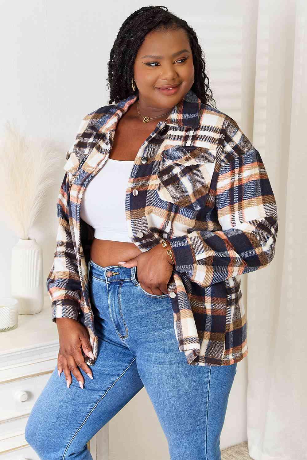 Double Take Plaid Button Front Shirt Jacket with Breast Pockets - SwagglyLife Home & Fashion