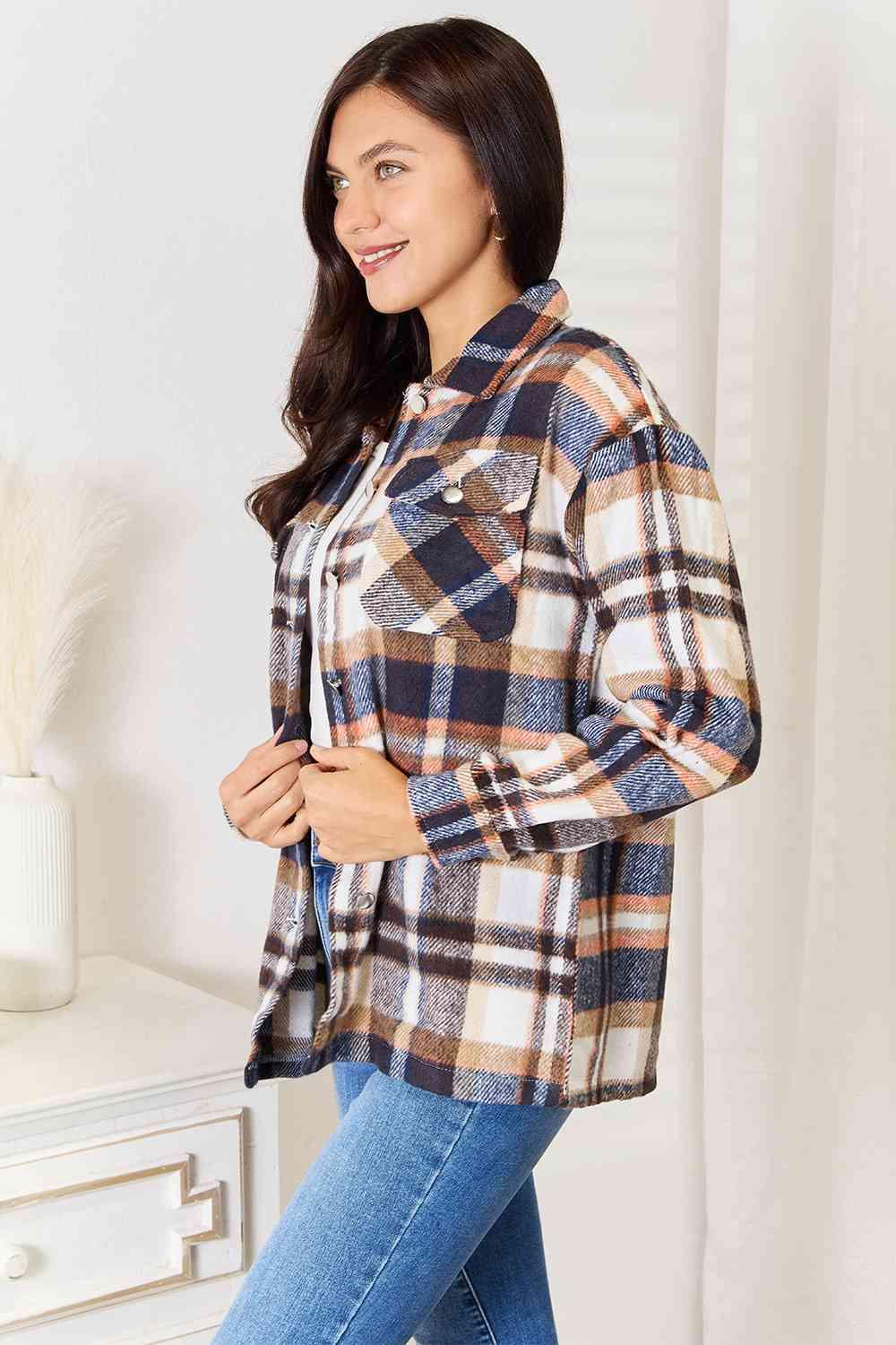 Double Take Plaid Button Front Shirt Jacket with Breast Pockets - SwagglyLife Home & Fashion