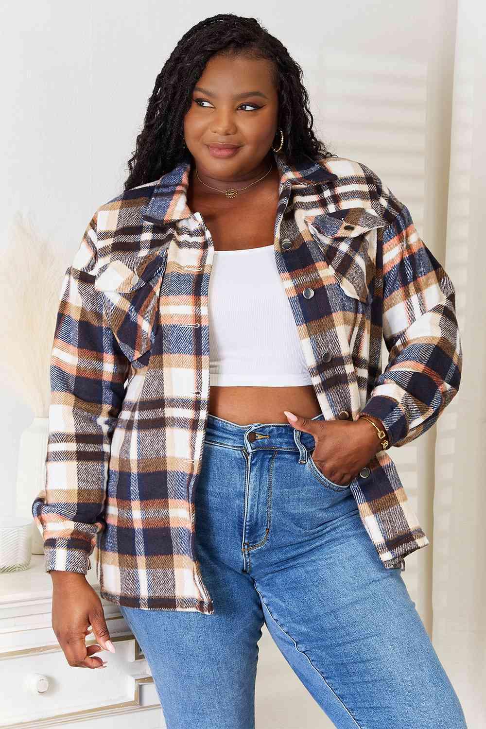 Double Take Plaid Button Front Shirt Jacket with Breast Pockets - SwagglyLife Home & Fashion