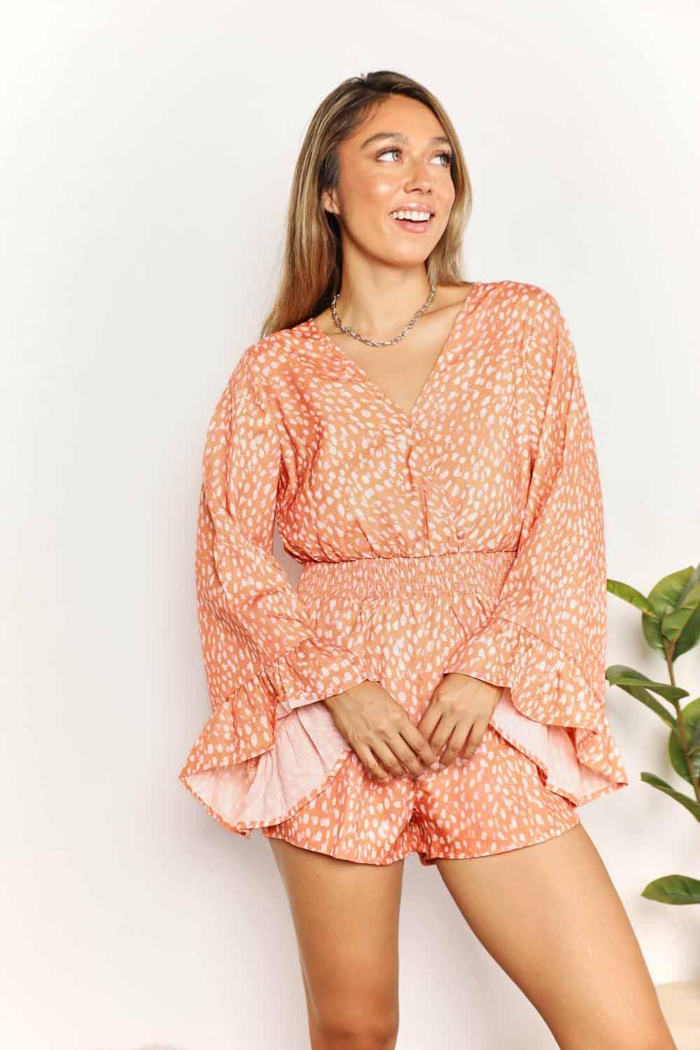 Double Take Printed Flare Sleeve Surplice Romper - SwagglyLife Home & Fashion