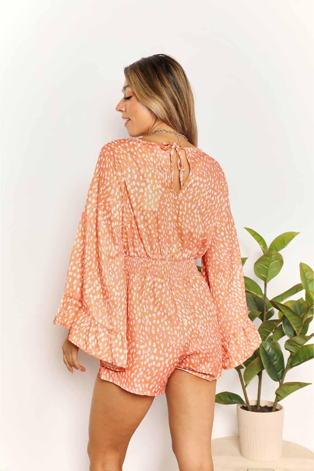 Double Take Printed Flare Sleeve Surplice Romper - SwagglyLife Home & Fashion