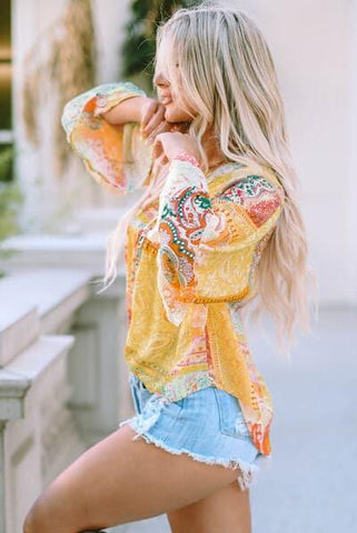 Double Take Printed Lace Trim Buttoned Blouse - SwagglyLife Home & Fashion