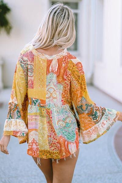 Double Take Printed Lace Trim Buttoned Blouse - SwagglyLife Home & Fashion