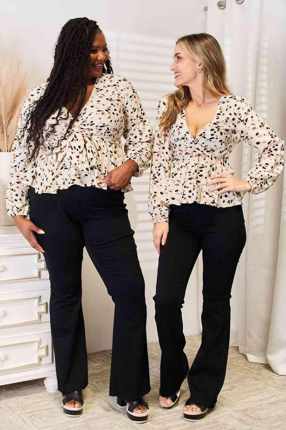 Double Take Printed Tied Plunge Peplum Blouse - SwagglyLife Home & Fashion