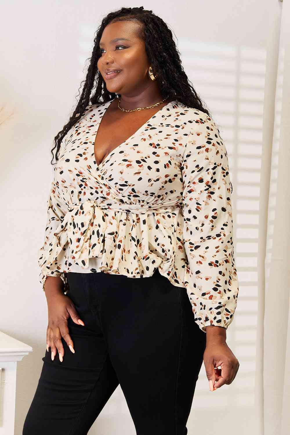 Double Take Printed Tied Plunge Peplum Blouse - SwagglyLife Home & Fashion