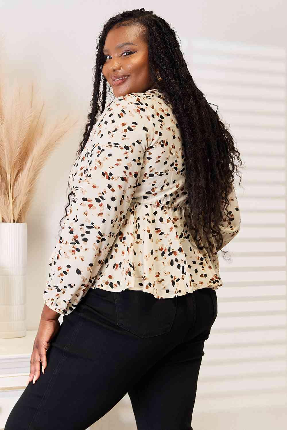 Double Take Printed Tied Plunge Peplum Blouse - SwagglyLife Home & Fashion