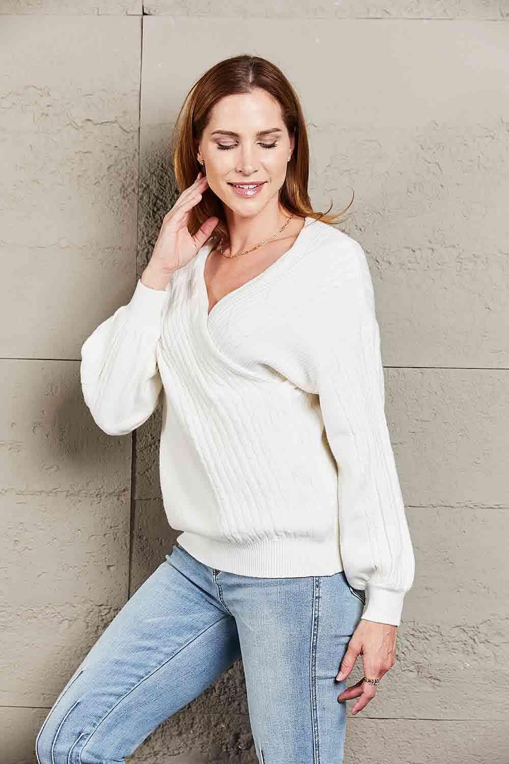 Double Take Ribbed Puff Sleeve Surplice Sweater - SwagglyLife Home & Fashion