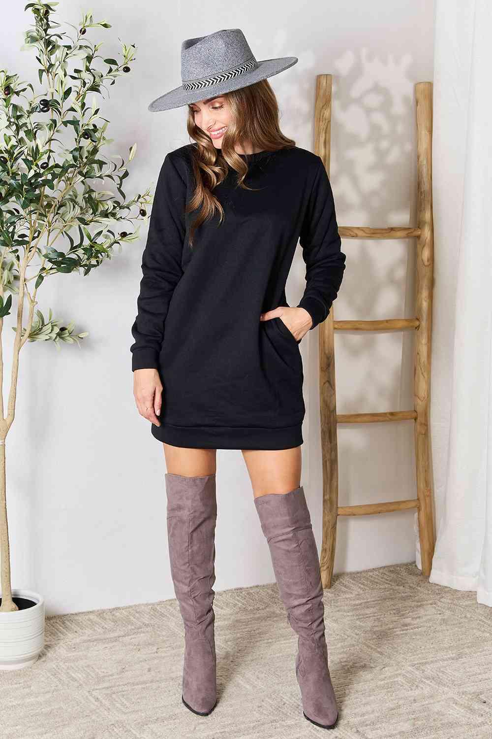 Double Take Round Neck Long Sleeve Mini Dress with Pockets - SwagglyLife Home & Fashion