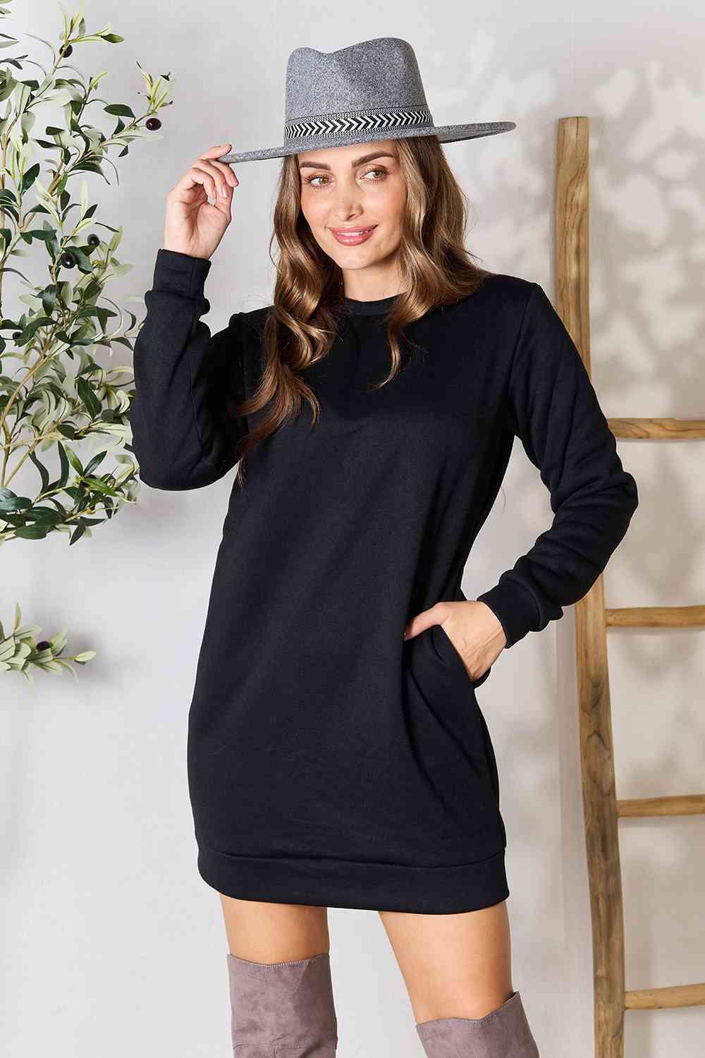 Double Take Round Neck Long Sleeve Mini Dress with Pockets - SwagglyLife Home & Fashion