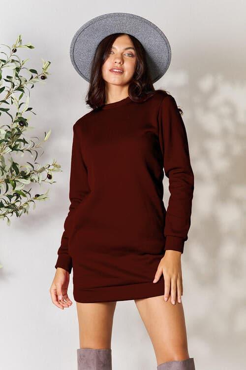 Double Take Round Neck Long Sleeve Mini Dress with Pockets - SwagglyLife Home & Fashion