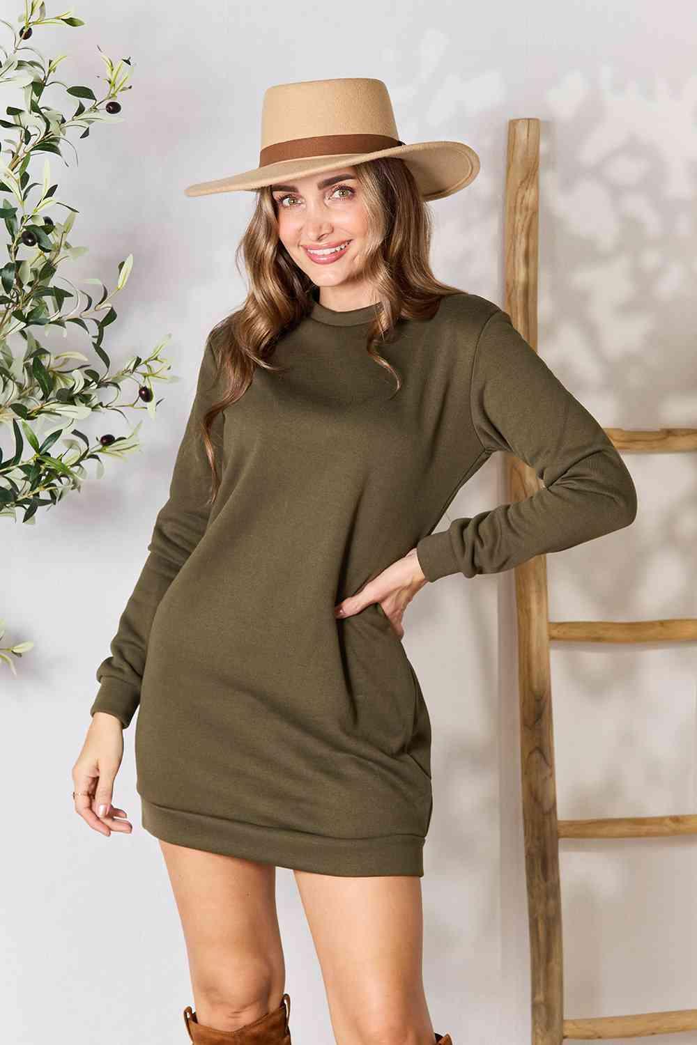 Double Take Round Neck Long Sleeve Mini Dress with Pockets - SwagglyLife Home & Fashion