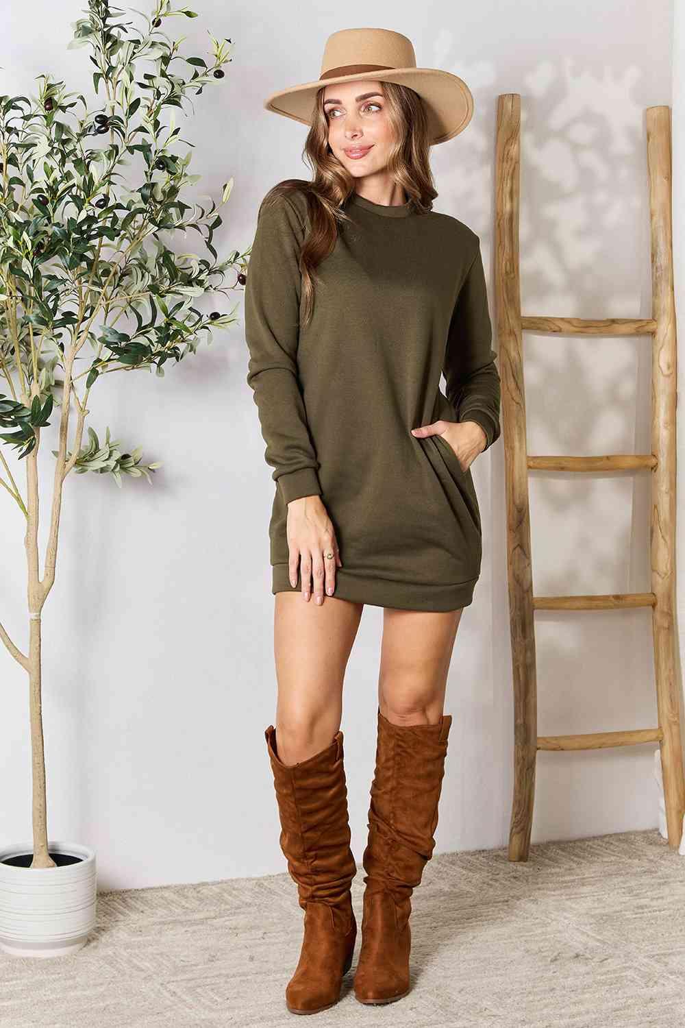 Double Take Round Neck Long Sleeve Mini Dress with Pockets - SwagglyLife Home & Fashion