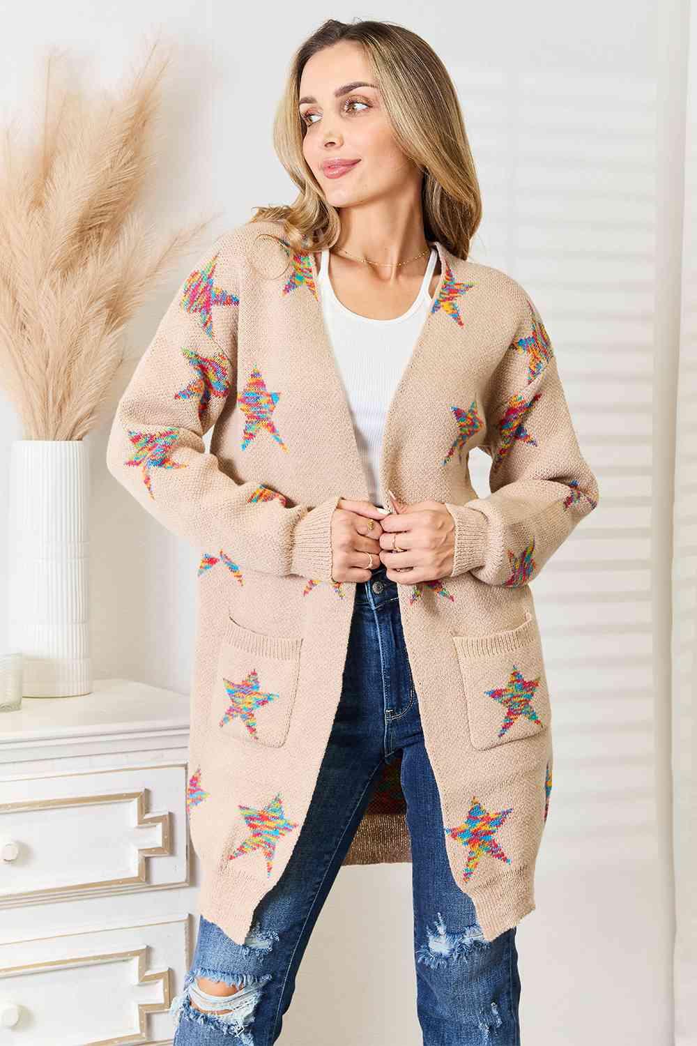 Double Take Star Pattern Open Front Longline Cardigan - SwagglyLife Home & Fashion