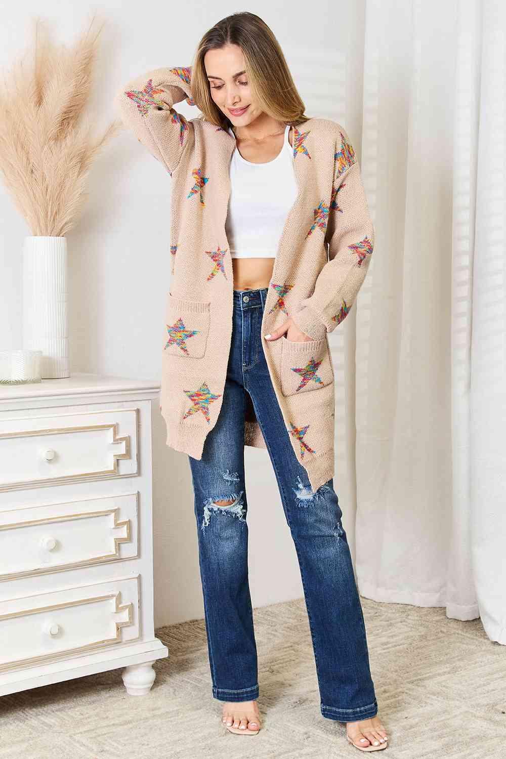 Double Take Star Pattern Open Front Longline Cardigan - SwagglyLife Home & Fashion