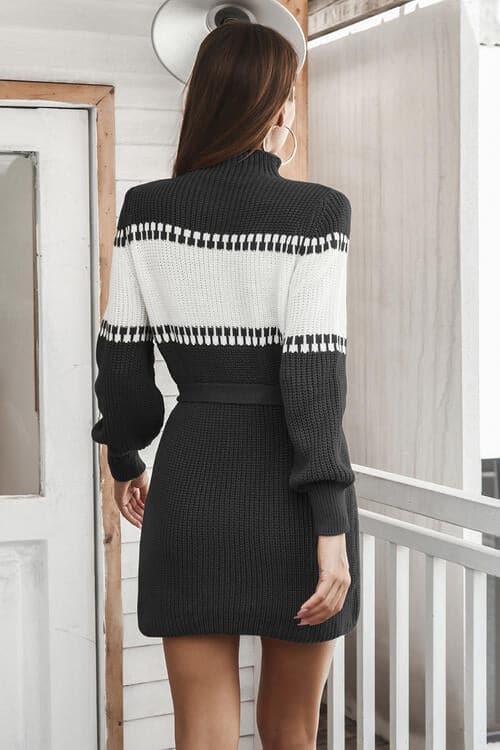 Drea Contrast Tie Front Long Sleeve Sweater Dress - SwagglyLife Home & Fashion