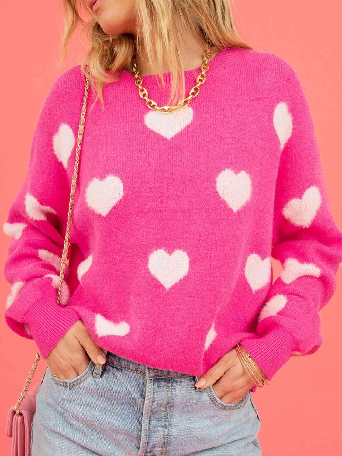 Dreamy Hearts Heart Round Neck Drop Shoulder Sweater - SwagglyLife Home & Fashion
