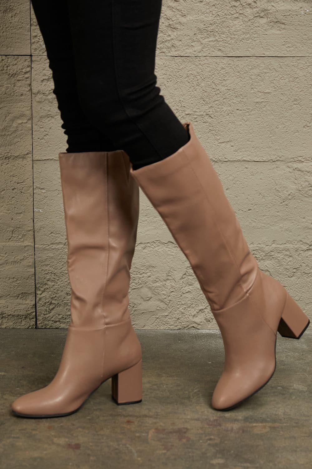 East Lion Corp Block Heel Knee High Boots, Mocha - SwagglyLife Home & Fashion