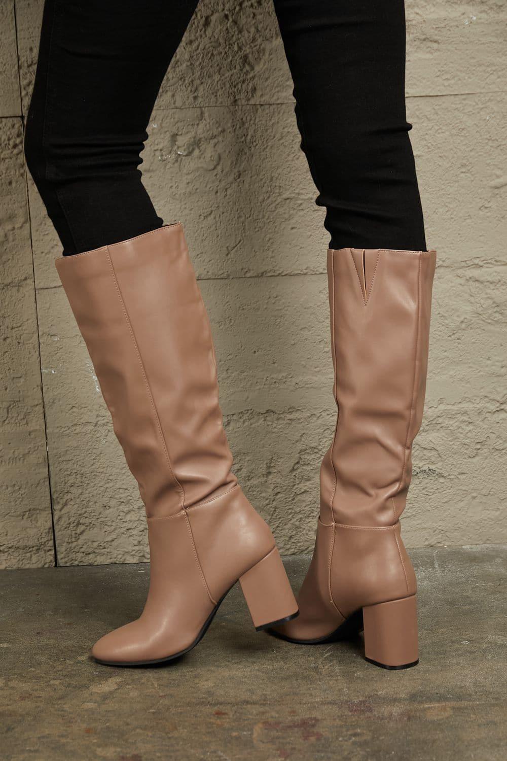 East Lion Corp Block Heel Knee High Boots, Mocha - SwagglyLife Home & Fashion