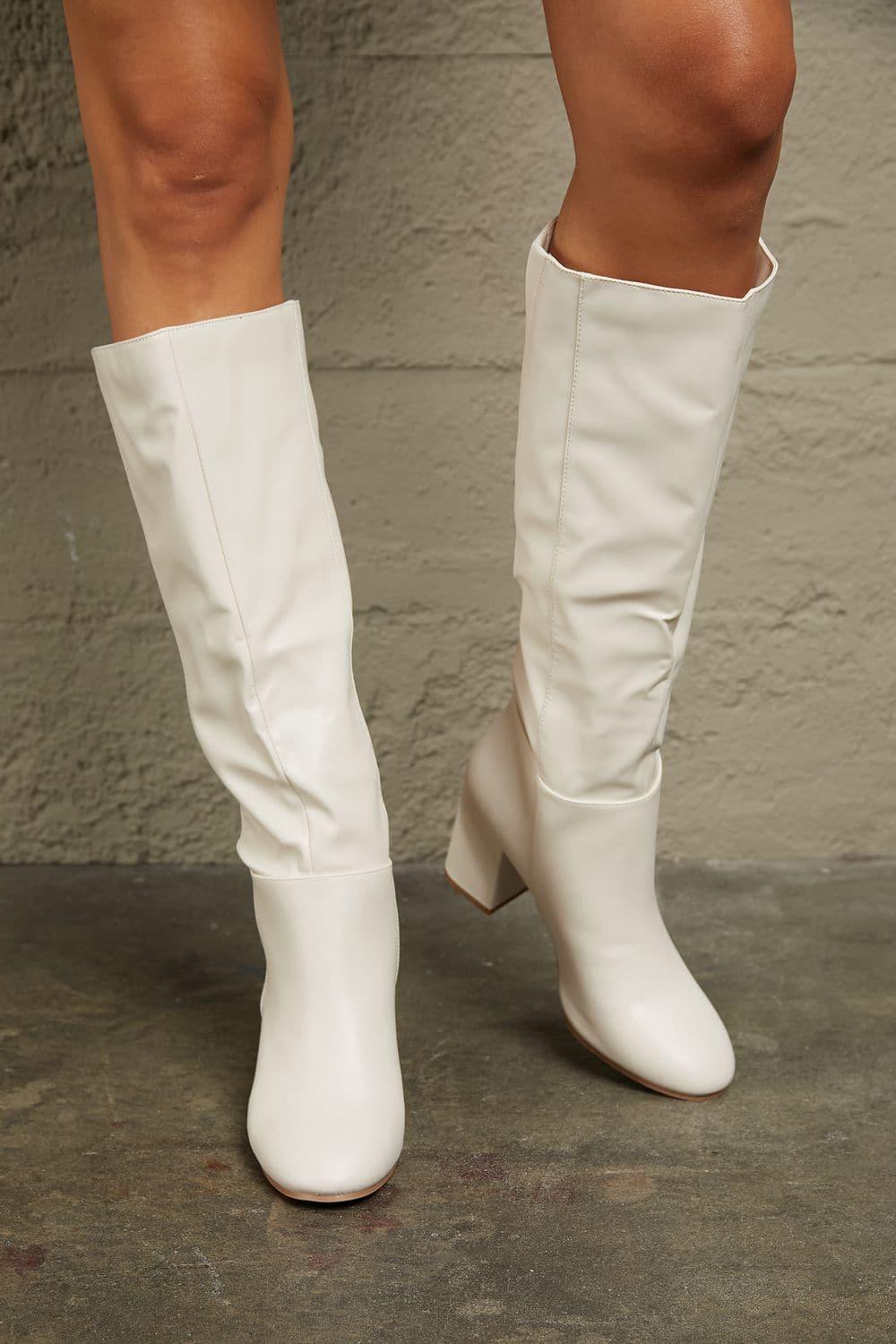 East Lion Corp Block Heel Knee High Boots, White - SwagglyLife Home & Fashion