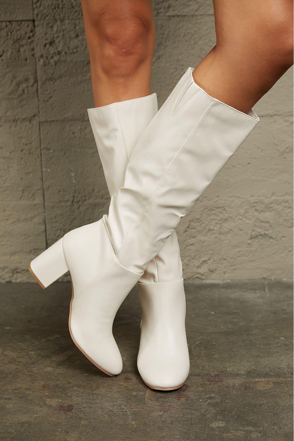 East Lion Corp Block Heel Knee High Boots, White - SwagglyLife Home & Fashion