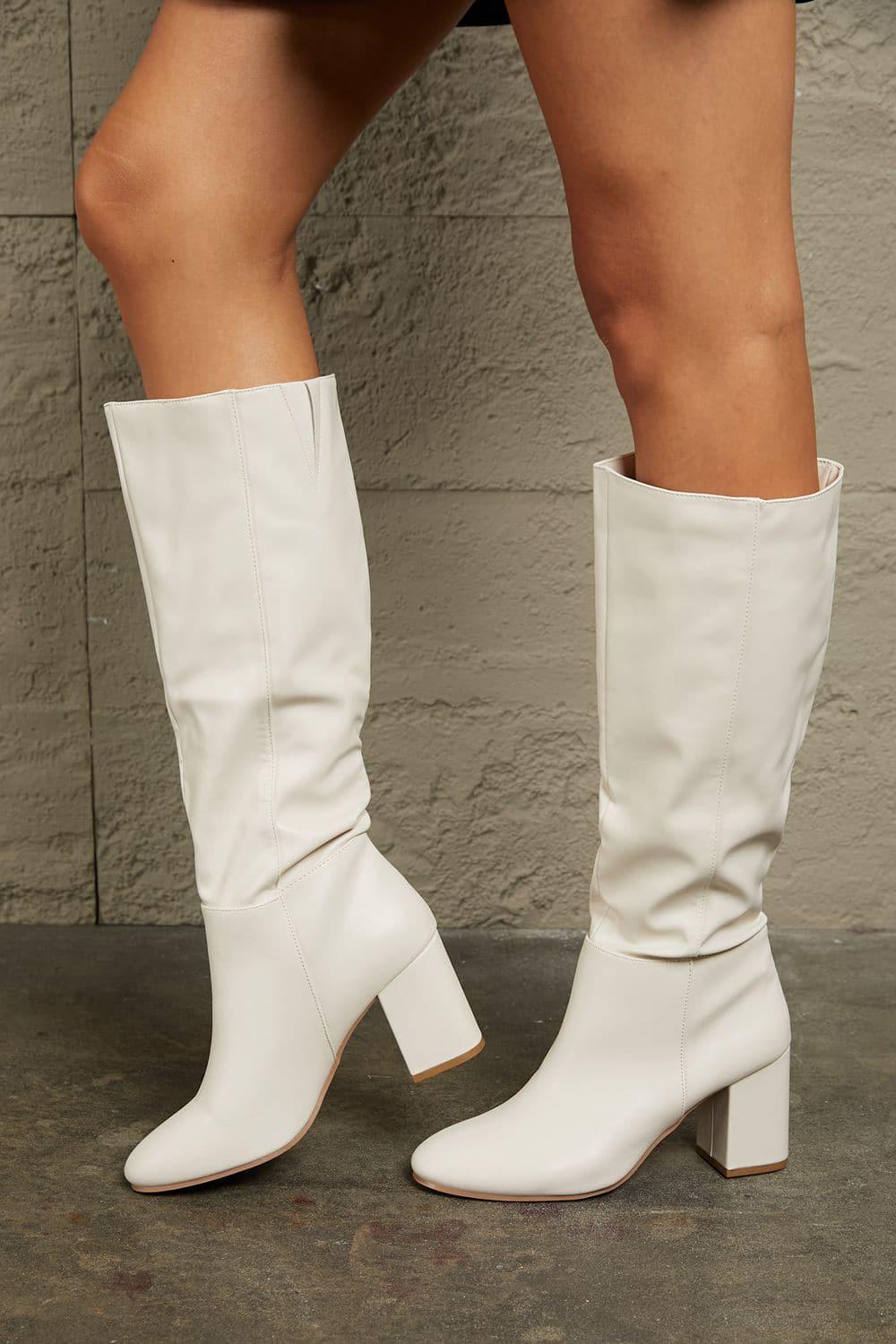 East Lion Corp Block Heel Knee High Boots, White - SwagglyLife Home & Fashion