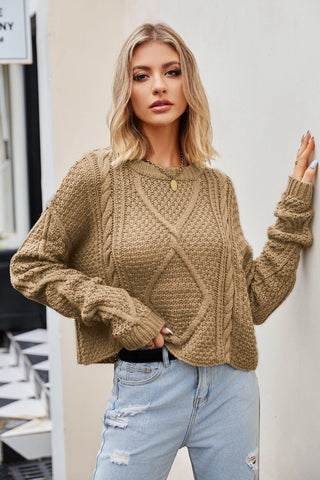 Ella Cable-Knit Round Neck Dropped Shoulder Sweater, Camel - SwagglyLife Home & Fashion