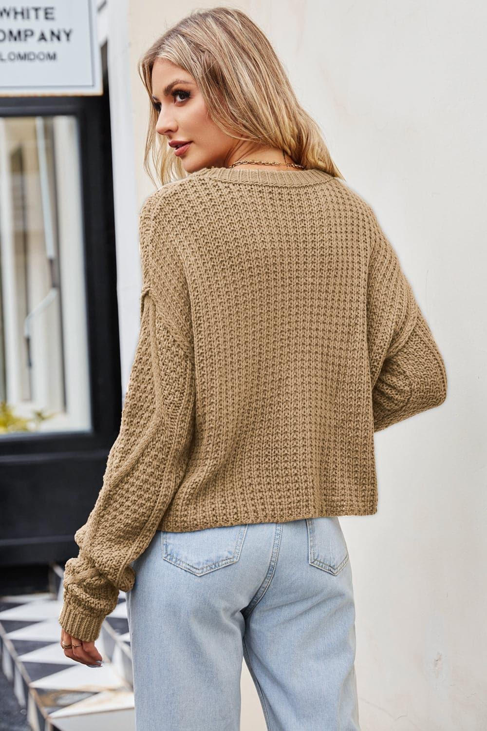 Ella Cable-Knit Round Neck Dropped Shoulder Sweater, Camel - SwagglyLife Home & Fashion