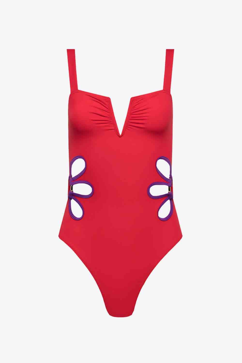 Contrast Trim Cutout Notched Neck One-Piece Swimsuit - SwagglyLife Home & Fashion