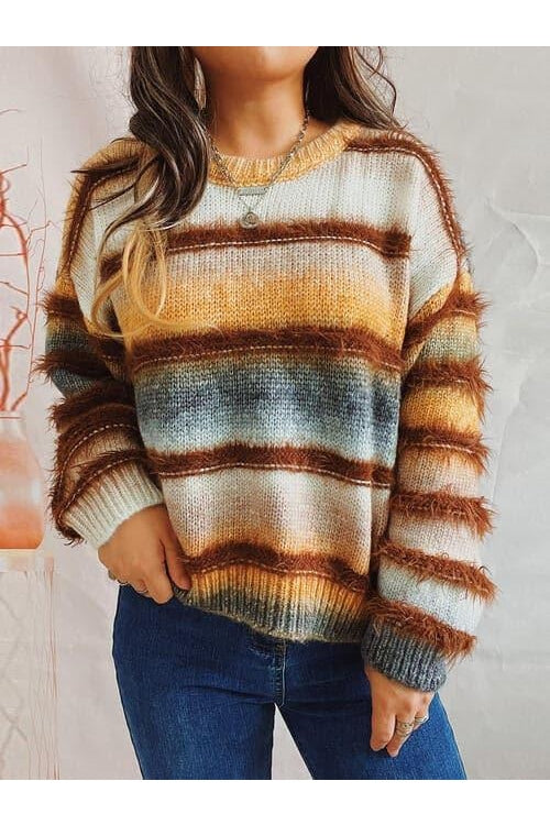 Elliot Mae Striped Round Neck Long Sleeve Sweater - SwagglyLife Home & Fashion