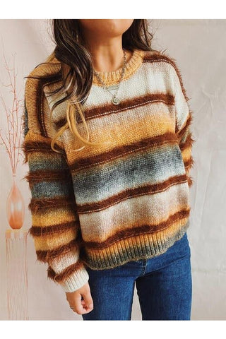 Elliot Mae Striped Round Neck Long Sleeve Sweater - SwagglyLife Home & Fashion