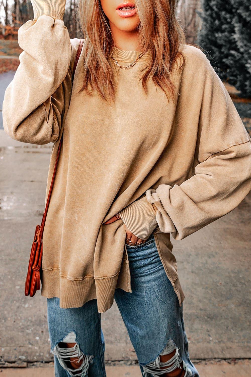 Dropped Shoulder Round Neck Long Sleeve Blouse - SwagglyLife Home & Fashion