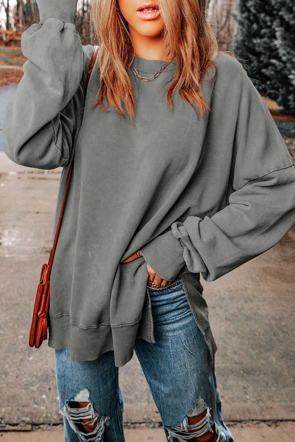 Dropped Shoulder Round Neck Long Sleeve Blouse - SwagglyLife Home & Fashion