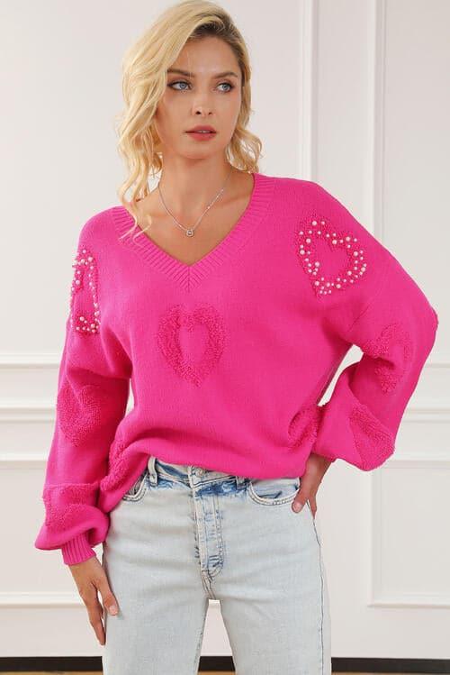 Emma Mae Pearl Detail V-Neck Long Sleeve Sweater - SwagglyLife Home & Fashion