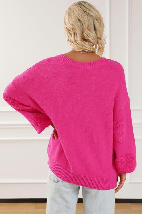 Emma Mae Pearl Detail V-Neck Long Sleeve Sweater - SwagglyLife Home & Fashion