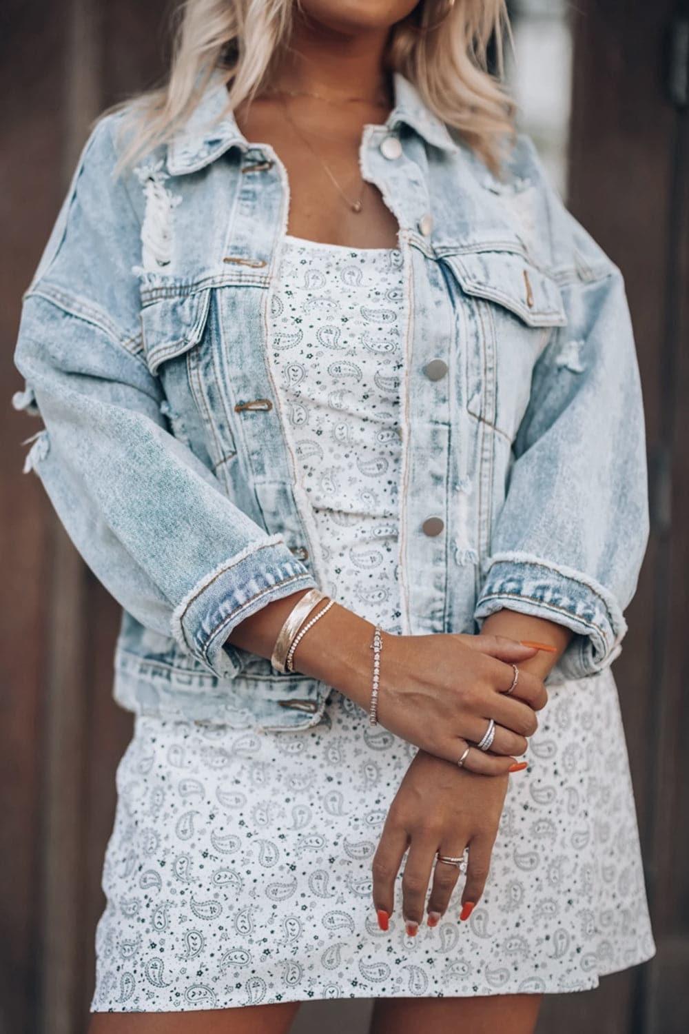 Distressed Drop Shoulder Denim Jacket - SwagglyLife Home & Fashion