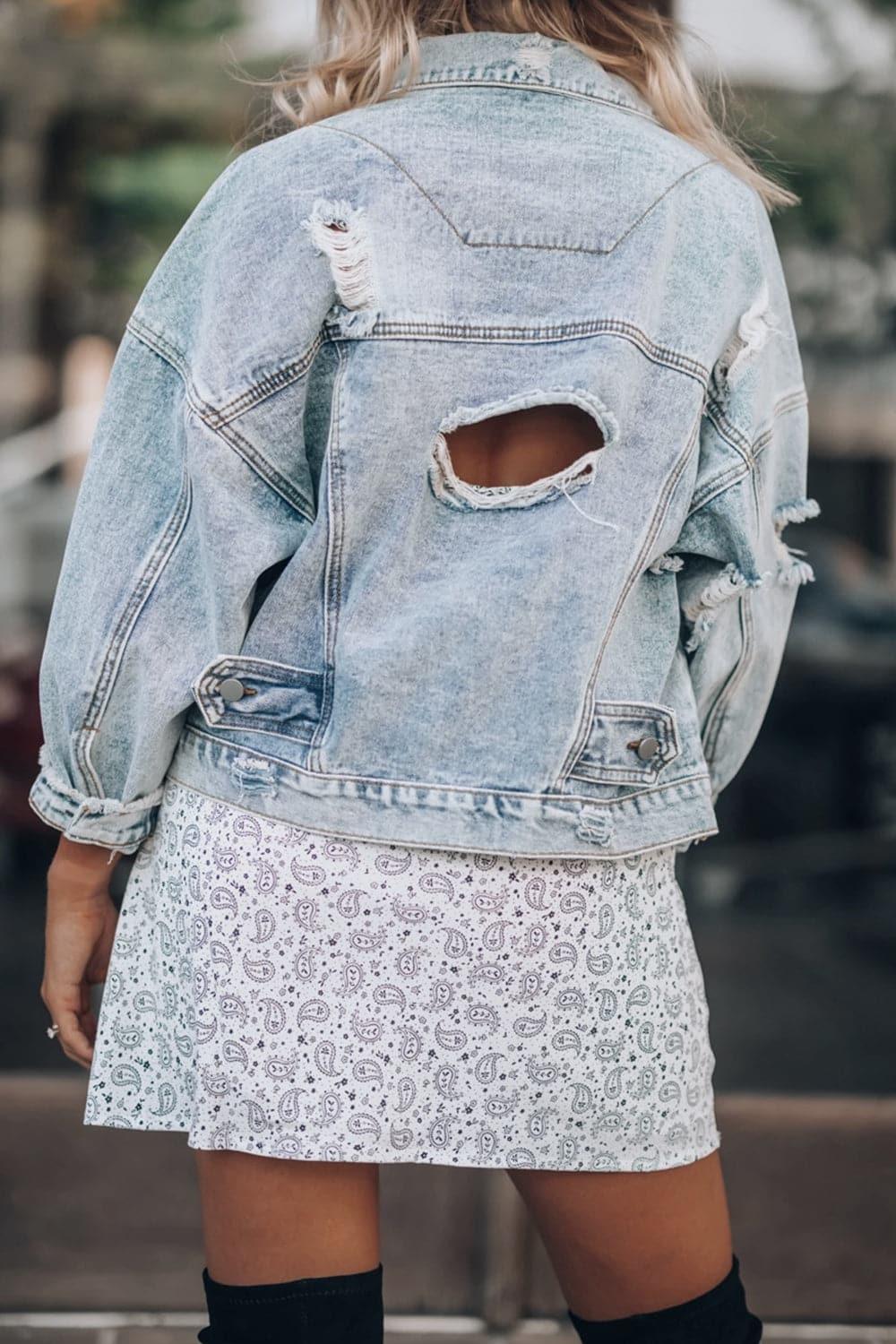 Distressed Drop Shoulder Denim Jacket - SwagglyLife Home & Fashion