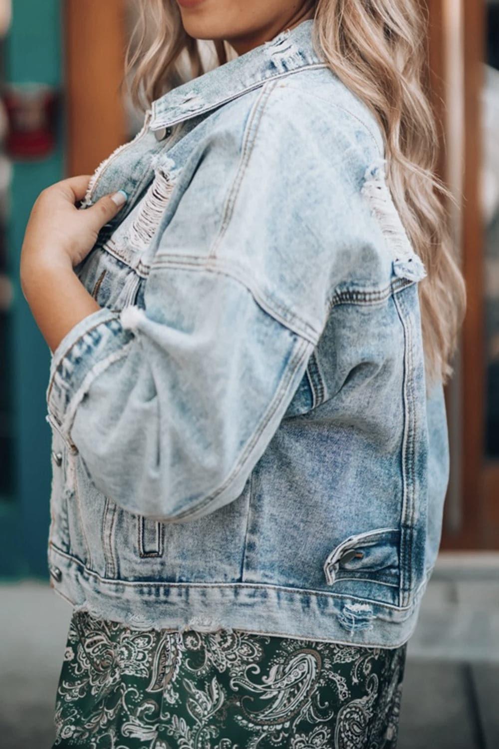 Distressed Drop Shoulder Denim Jacket - SwagglyLife Home & Fashion