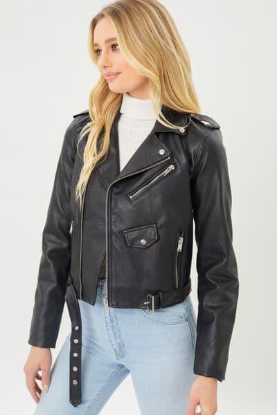 Faith Apparel Faux Leather Zip Up Biker Jacket - SwagglyLife Home & Fashion