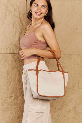 Fame Beach Chic Faux Leather Trim Tote Bag in Ochre - SwagglyLife Home & Fashion