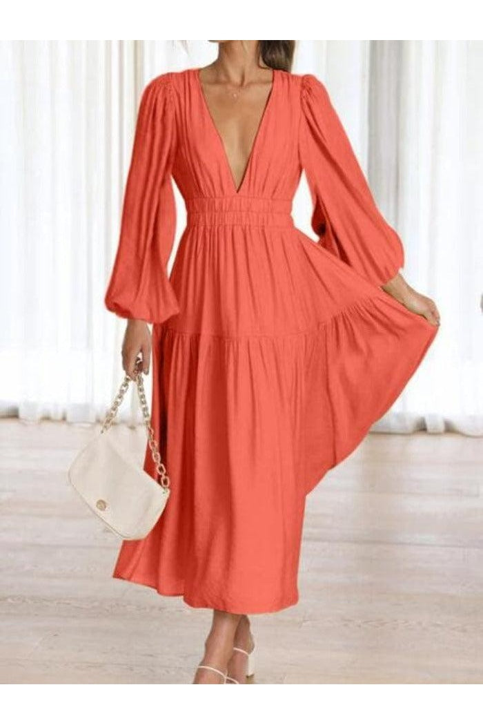 Feeling Myself Deep V-Neck Balloon Sleeve Plain Maxi Dress - SwagglyLife Home & Fashion