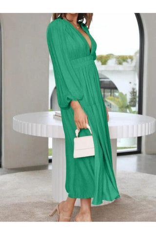 Feeling Myself Deep V-Neck Balloon Sleeve Plain Maxi Dress - SwagglyLife Home & Fashion