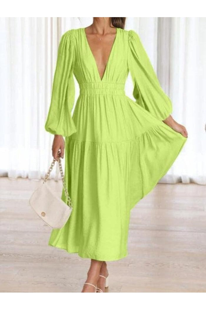 Feeling Myself Deep V-Neck Balloon Sleeve Plain Maxi Dress - SwagglyLife Home & Fashion