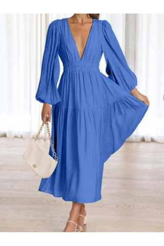 Feeling Myself Deep V-Neck Balloon Sleeve Plain Maxi Dress - SwagglyLife Home & Fashion