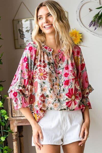 First Love Printed Tie Neck Flounce Sleeve Blouse - SwagglyLife Home & Fashion