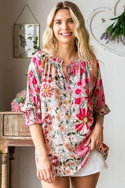 First Love Printed Tie Neck Flounce Sleeve Blouse - SwagglyLife Home & Fashion