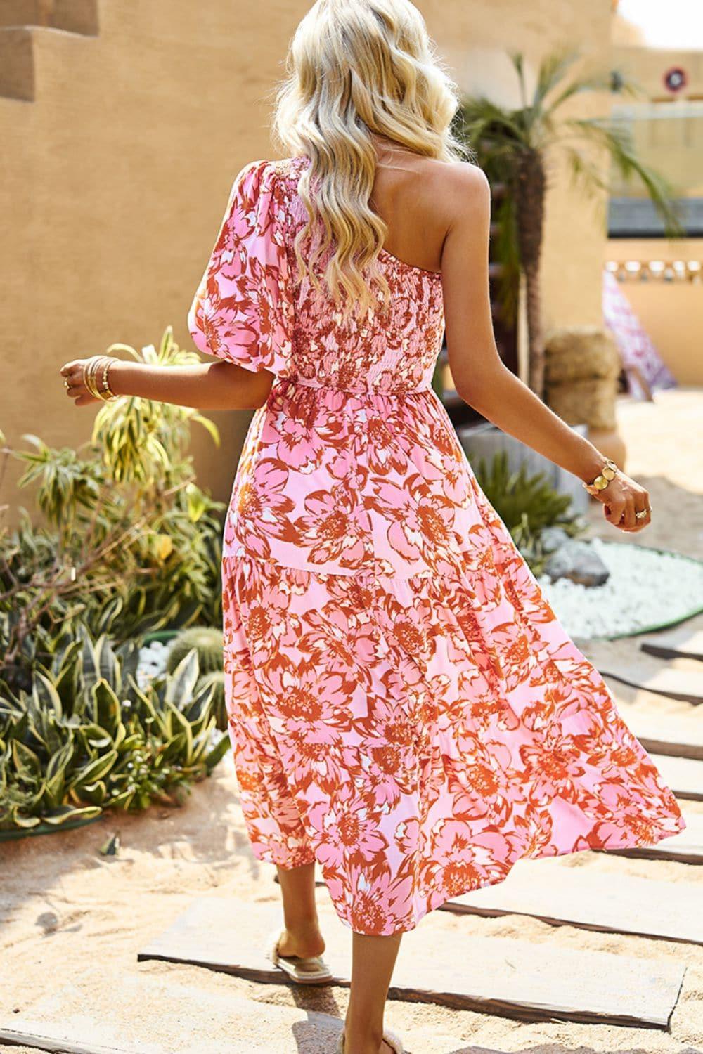 Floral One-Shoulder Smocked Midi Dress - SwagglyLife Home & Fashion